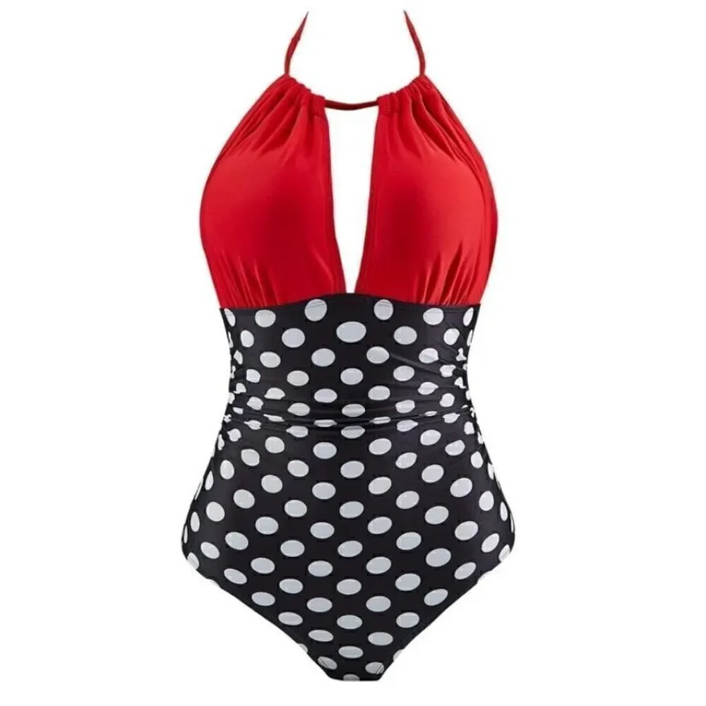 Eomenie Women's‎ Multicolor Solid Polka Dots Open Back Halter Swimsuit Size XL
